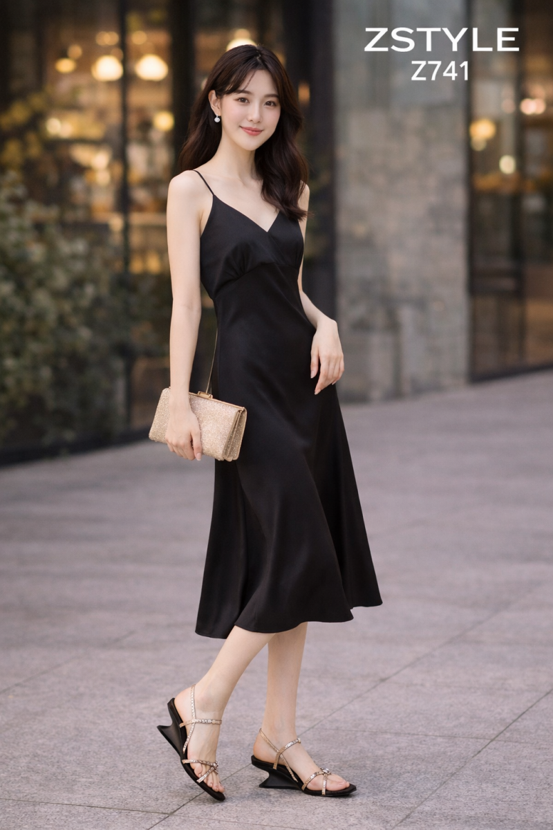 Cô gái trẻ trong váy đen satin