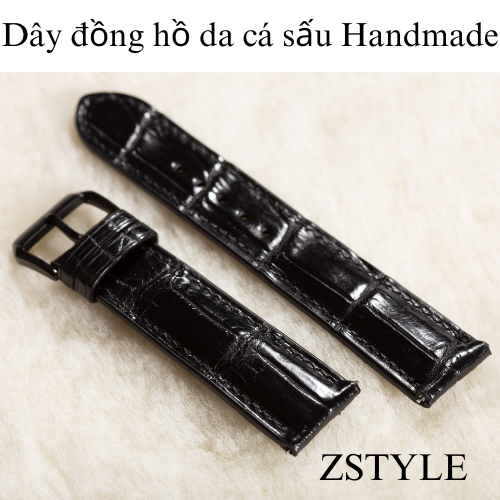 Dây đồng hồ da cá sấu Handmade màu đen