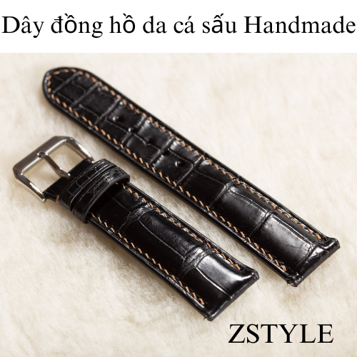 Dây đồng hồ da cá sấu Handmade màu đen