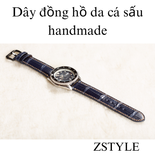 Dây Đồng Hồ Da Cá Sấu Xanh Navy Handmade