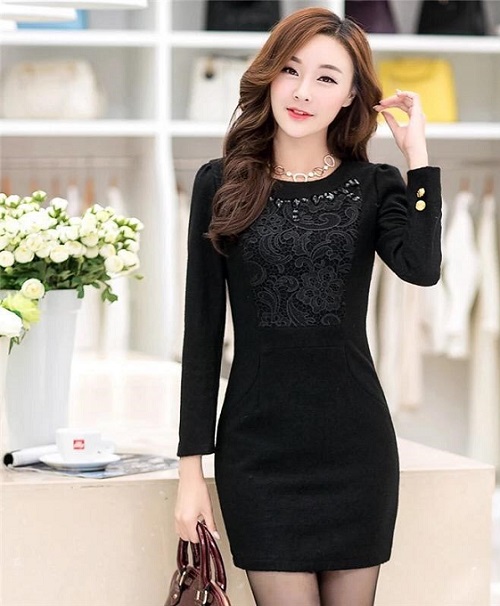 CGN024 màu đen với đầm liền công sở phối ren cao cấp CGN024 màu đen với đầm liền công sở phối ren cao cấp