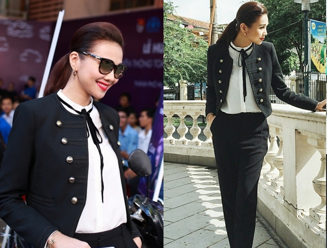 Thanh Hằng chuộng phong cách menswear mỗi khi đi các sự kiện ngoài trời. 